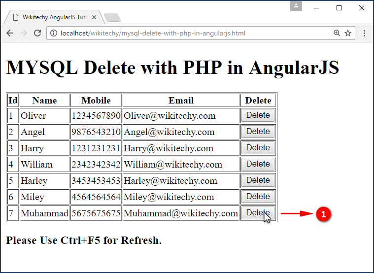 Sample Output for AngularJS delete using PHP Mysql