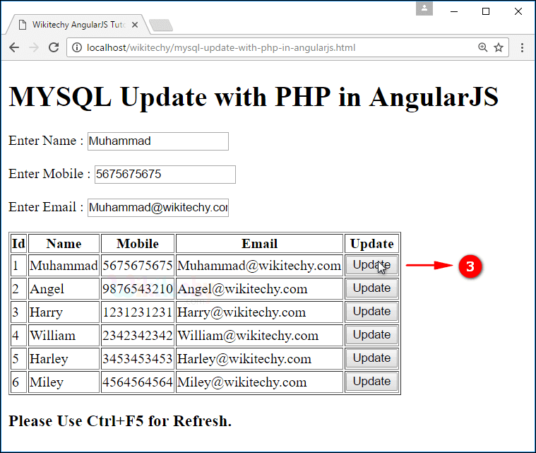 Sample Output for AngularJS update using PHP Mysql