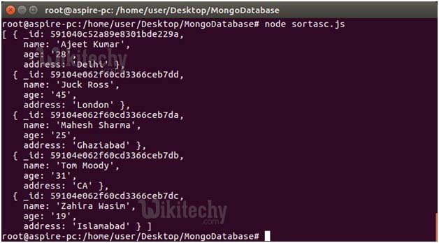  ascending order in node.js mongodb sorting