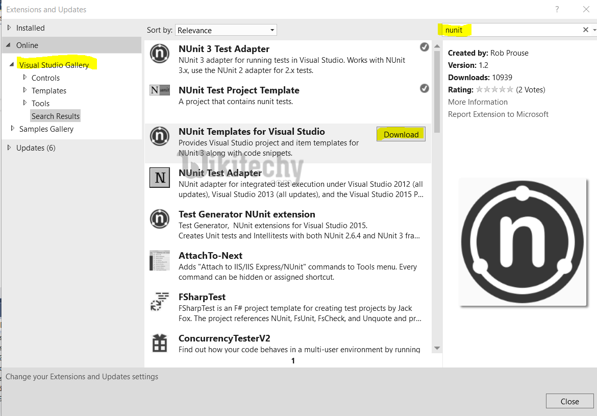 extension and updates in visual studio